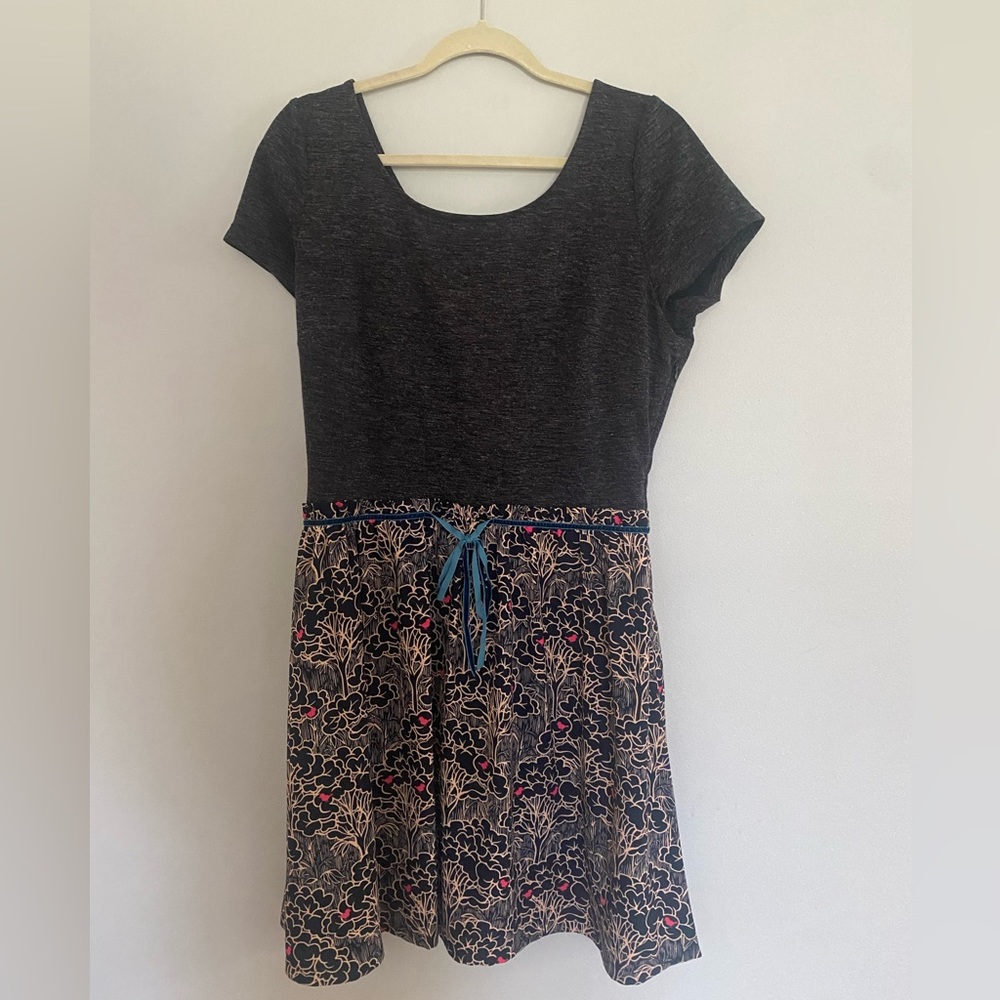 Maison Jules. Ponte knit top with floral bottom with pink bow detail.